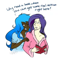 Size: 547x525 | Tagged: artist:cartoonlion, bathrobe, book, breasts, cleavage, clothes, derpibooru import, female, futaverse, human, humanized, princess luna, project moonlight, rarity, robe, simple background, suggestive