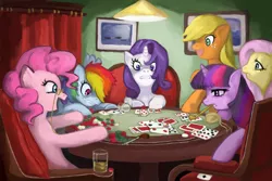 Size: 1800x1200 | Tagged: applejack, artist:tofucakes, card, card game, chair, cheating, derpibooru import, drink, eyeglasses, fluttershy, glasses, lamp, mane six, pinkie pie, pipe, poker, rainbow dash, rarity, safe, shock, shocked, table, twilight sparkle