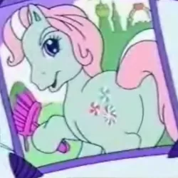 Size: 911x911 | Tagged: safe, derpibooru import, screencap, minty, pony, a charming birthday, butt, female, g3, lowres, mare, photo, plot, ponyville surprise birthday book, solo, the ass was fat