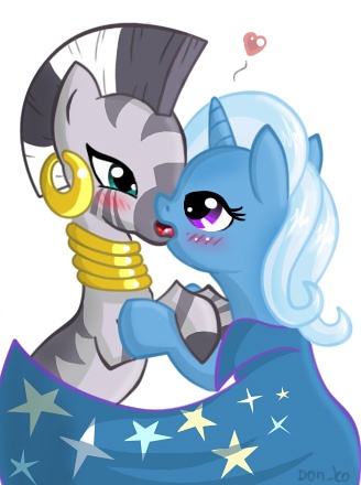 Size: 328x440 | Tagged: artist:don-ko, blushing, crack shipping, cute, derpibooru import, female, french kiss, heart, kissing, lesbian, shipping, simple background, suggestive, trixie, trixora, white background, zebra, zecora