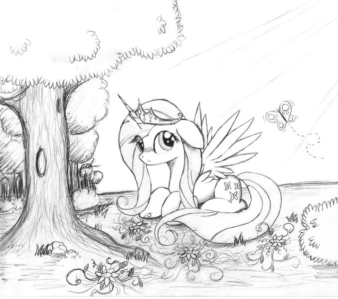 Size: 2603x2303 | Tagged: safe, artist:vulpessentia, derpibooru import, fluttershy, alicorn, butterfly, pony, alicornified, fluttercorn, lineart, princess, race swap, traditional art