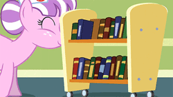 Size: 480x270 | Tagged: safe, derpibooru import, screencap, nurse sweetheart, earth pony, pony, read it and weep, animated, book, bookshelf, chubby, cute, female, hair bun, hat, mare, nurse, nurse hat, nurse sweetabetes, ponyville hospital, pushing, solo, walking
