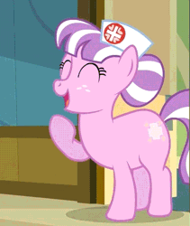 Size: 433x513 | Tagged: safe, derpibooru import, screencap, nurse sweetheart, earth pony, pony, read it and weep, animated, chubby, cropped, cute, door, female, hair bun, hat, mare, nurse, nurse hat, nurse sweetabetes, ponyville hospital, solo