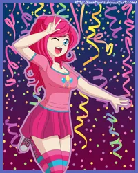 Size: 1200x1500 | Tagged: artist:zantyarz, breasts, busty pinkie pie, clothes, confetti, cute, cutie mark, derpibooru import, diapinkes, female, human, humanized, one eye closed, pinkie pie, safe, shirt, shoes, skirt, socks, solo, stockings, striped socks, thigh highs, wink