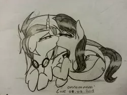 Size: 3264x2448 | Tagged: safe, artist:themoonraven, derpibooru import, octavia melody, vinyl scratch, female, kissing, lesbian, monochrome, scratchtavia, shipping, traditional art