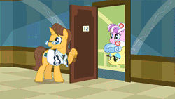Size: 480x270 | Tagged: safe, derpibooru import, screencap, doctor horse, doctor stable, nurse coldheart, nurse snowheart, nurse sweetheart, earth pony, pony, unicorn, read it and weep, animated, bipedal, bipedal leaning, chubby, doctor, door, female, glasses, hair bun, hair net, hat, leaning, male, mare, nurse, nurse hat, ponyville hospital, stallion, stethoscope, wheelchair