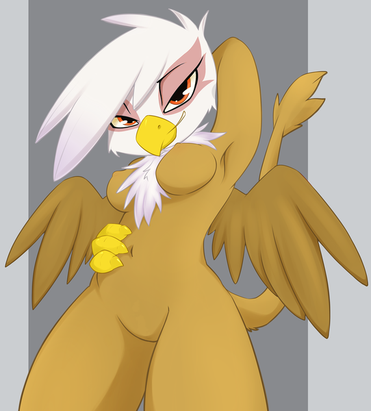 Size: 1906x2110 | Tagged: questionable, artist:grumblepluck, derpibooru import, gilda, anthro, gryphon, armpits, bedroom eyes, belly button, breasts, featureless crotch, female, image, nipples, nondescript nipples, nudity, png, solo, solo female