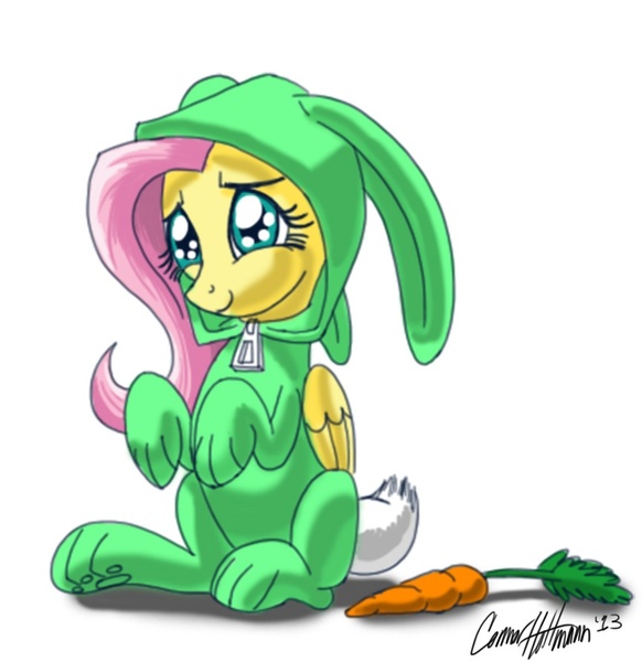 Size: 864x890 | Tagged: animal costume, artist:ceehoff, bunny costume, bunny pajamas, bunnyshy, carrot, clothes, costume, derpibooru import, fluttershy, food, safe, solo