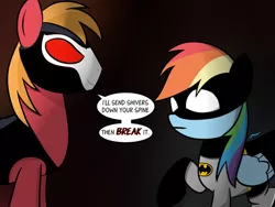 Size: 500x375 | Tagged: safe, derpibooru import, big macintosh, rainbow dash, earth pony, pony, bane, batman, crossover, male, manzana de la muerte, parody, stallion