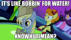Size: 1280x720 | Tagged: safe, derpibooru import, edit, edited screencap, screencap, carrot top, derpy hooves, golden harvest, pegasus, pony, luna eclipsed, apple bobbing, caption, clothes, costume, crossover, devil costume, ernest p. worrell, female, image macro, mare, mouth hold, nightmare night costume, paper bag, paper bag wizard, parody, text