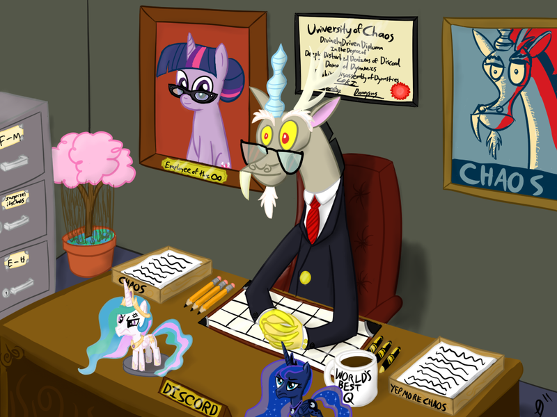 Size: 1024x768 | Tagged: angry, annoyed, artist:paradigmpizza, business suit, chair, clothes, derpibooru import, desk, discord, fixed, glasses, hope poster, loki, organized chaos, princess celestia, princess luna, q, safe, sitting, suit, twilight sparkle, twilight's professional glasses