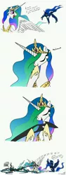 Size: 2528x6698 | Tagged: safe, artist:grievousfan, derpibooru import, princess celestia, princess luna, queen chrysalis, alicorn, changeling, changeling queen, pony, cheeselegs, comic, dead, dialogue, female, mare, simple background, whistling, white background, x eyes