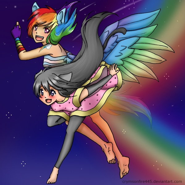 Size: 900x900 | Tagged: artist:zeezeepearl, barefoot, cat, catgirl, crossover, derpibooru import, eared humanization, feet, human, humanized, nyan cat, nyan dash, rainbow dash, safe, skinny, tailed humanization, winged humanization, wings