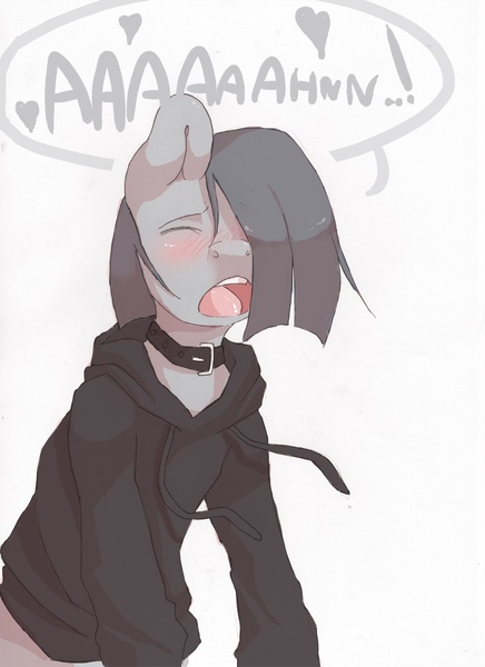 Size: 872x1200 | Tagged: questionable, artist:lonelycross, derpibooru import, marble pie, earth pony, pony, blushing, clothes, collar, eyes closed, female, hoodie, lonely inky, mare, open mouth, orgasm