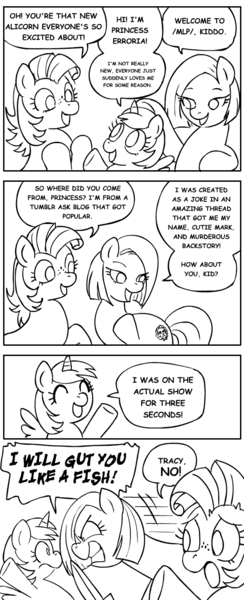 Size: 550x1350 | Tagged: safe, artist:marcusmaximus, derpibooru import, alula, pluto, princess erroria, oc, oc:milky way, oc:tracy cage, pony, /mlp/, 4chan, comic, female, grayscale, knife, mare, monochrome