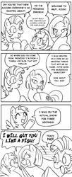 Size: 550x1350 | Tagged: safe, artist:marcusmaximus, derpibooru import, alula, pluto, princess erroria, oc, oc:milky way, oc:tracy cage, pony, /mlp/, 4chan, comic, female, grayscale, knife, mare, monochrome