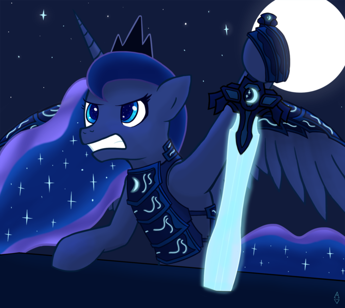 Size: 1677x1500 | Tagged: armor, artist:alexander93, derpibooru import, glow, moon, princess luna, safe, solo, stars, sword, warrior luna, weapon