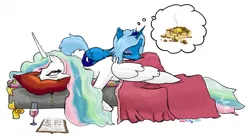 Size: 1000x556 | Tagged: source needed, safe, artist:scarcity, derpibooru import, princess celestia, princess luna, pony, alcohol, bed, book, female, filly, food, glass, sleepy, waffle, wine, wine glass, woona, younger