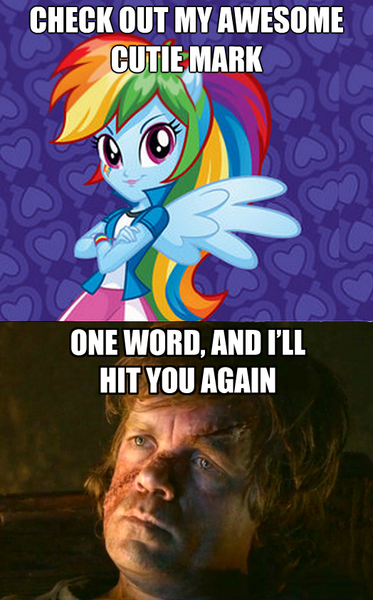 Size: 524x844 | Tagged: safe, derpibooru import, rainbow dash, equestria girls, awesome cutie mark, caption, exploitable meme, game of thrones, image macro, meme, text, tyrion lannister