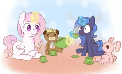 Size: 1150x700 | Tagged: safe, artist:happyendingfactory, derpibooru import, princess celestia, princess luna, pony, cup, female, filly, food, plushie, tea, tea party, teacup, teapot, teddy bear, woona, younger