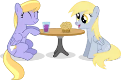 Size: 1024x681 | Tagged: safe, artist:ulyssesgrant, derpibooru import, cloud kicker, derpy hooves, pegasus, pony, cute, drink, eyes closed, female, food, glass, mare, muffin, open mouth, simple background, sitting, smiling, table, transparent background, vector