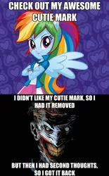 Size: 524x844 | Tagged: grimdark, derpibooru import, rainbow dash, equestria girls, awesome cutie mark, batman, caption, exploitable meme, image macro, meme, new 52, nightmare joker, text, the joker