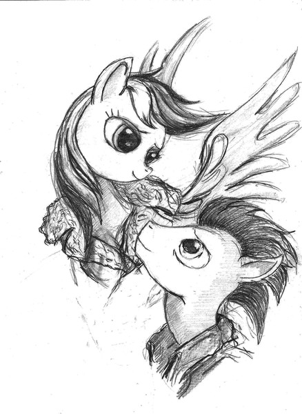 Size: 1565x2144 | Tagged: safe, artist:thelivingshadow, derpibooru import, rainbow dash, soarin', female, male, shipping, soarindash, straight, traditional art