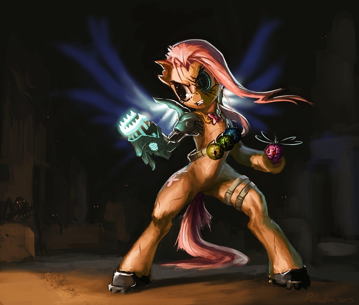 Size: 2046x1740 | Tagged: safe, artist:paladin, derpibooru import, fluttershy, cyborg, pony, action pose, badass, bipedal, fight, flutterbadass, weapon