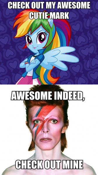 Size: 524x936 | Tagged: safe, derpibooru import, rainbow dash, human, equestria girls, aladdin sane, awesome cutie mark, caption, cutie mark, david bowie, exploitable meme, image macro, irl, irl human, meme, photo, text, ziggy stardust