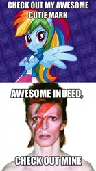 Size: 524x936 | Tagged: safe, derpibooru import, rainbow dash, human, equestria girls, aladdin sane, awesome cutie mark, caption, cutie mark, david bowie, exploitable meme, image macro, irl, irl human, meme, photo, text, ziggy stardust