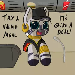 Size: 800x800 | Tagged: artist:scramjet747, clothes, derpibooru import, dialogue, fast food, food, hat, looking at you, restaurant, rhyme, safe, solo, working, zebra, zecora