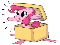 Size: 1046x789 | Tagged: safe, artist:briskby, derpibooru import, pinkie pie, pony, box, cute, diapinkes, open mouth, pony in a box, present, simple background, solo