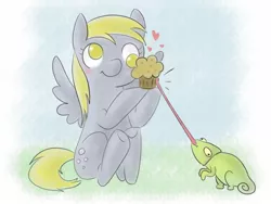 Size: 1280x960 | Tagged: safe, artist:happyendingfactory, derpibooru import, derpy hooves, chameleon, pegasus, pony, blushing, female, food, mare, muffin, that pony sure does love muffins