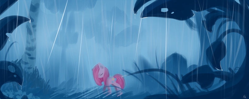 Size: 2500x1000 | Tagged: artist:marisalle, derpibooru import, forest, pinkamena diane pie, pinkie pie, rain, safe, solo