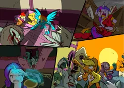 Size: 1261x894 | Tagged: grimdark, artist:metal-kitty, derpibooru import, angel bunny, apple bloom, applejack, big macintosh, fluttershy, pinkie pie, rainbow dash, rarity, scootaloo, sweetie belle, twilight sparkle, earth pony, pegasus, pony, undead, unicorn, zombie, bad end, baseball bat, bipedal, blood, crying, cutie mark crusaders, death, female, filly, gun, handgun, imminent death, imminent suicide, injured, levitation, magic, male, mane six, mare, party cannon, pinkamena diane pie, revolver, stallion, telekinesis, weapon