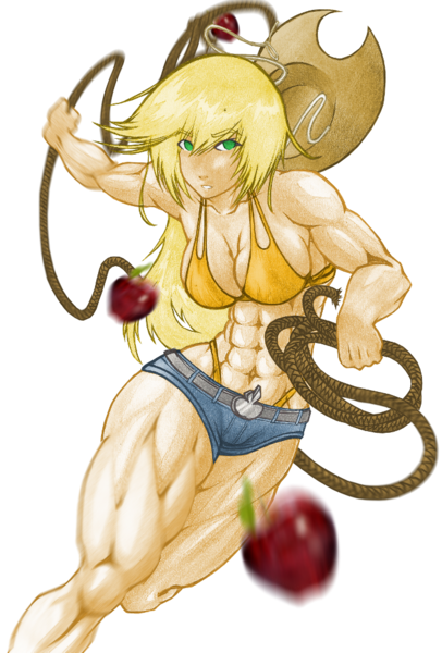 Size: 676x1000 | Tagged: abs, apple, applebucking thighs, applejack, applejacked, artist:pie-likes-me, breasts, busty applejack, cleavage, clothes, daisy dukes, derpibooru import, female, food, human, humanized, lasso, muscles, rope, safe, shorts