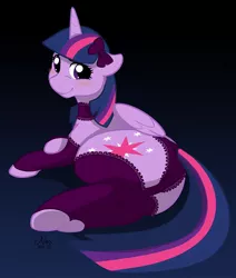 Size: 700x824 | Tagged: suggestive, artist:muzz, derpibooru import, twilight sparkle, twilight sparkle (alicorn), alicorn, pony, blushing, bow, butt, clothes, cute, female, hair bow, hooves, looking at you, mare, panties, plot, smiling, socks, solo, solo female, sultry pose, underhoof, underwear