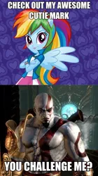 Size: 524x936 | Tagged: safe, derpibooru import, rainbow dash, equestria girls, awesome cutie mark, caption, exploitable meme, god of war, image macro, kratos, meme, text, this will end in death