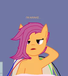 Size: 630x700 | Tagged: safe, derpibooru import, scootaloo, cyborg, cyborg pony, pony, cyborg 009, dialogue, female, lidded eyes, open mouth, solo