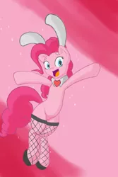 Size: 1000x1500 | Tagged: suggestive, artist:lemon, derpibooru import, pinkie pie, bunny ears, clothes, collar, detached collar, fishnets, image, jpeg, sparkles, stockings, thigh highs