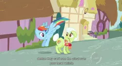 Size: 846x459 | Tagged: caption, derpibooru import, deus ex, edit, edited screencap, granny smith, meme, rainbow dash, safe, screencap, youtube caption