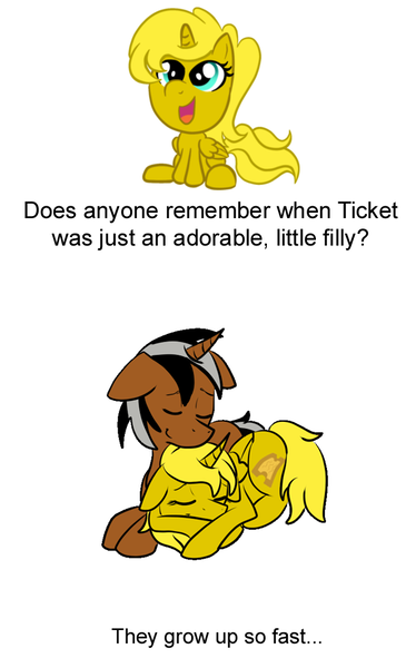 Size: 594x952 | Tagged: alicorn, alicorn oc, artist:redeh, derpibooru import, female, filly, horn, male, meta, oc, oc:star sparkler, oc:ticket, safe, straight, text, ticketsparkler, unofficial characters only, wings