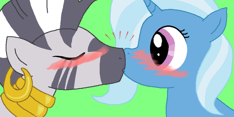 Size: 864x432 | Tagged: artist:weaselbear, blushing, crack shipping, cute, derpibooru import, female, kissing, lesbian, safe, shipping, simple background, surprised, surprise kiss, trixie, trixora, zebra, zecora