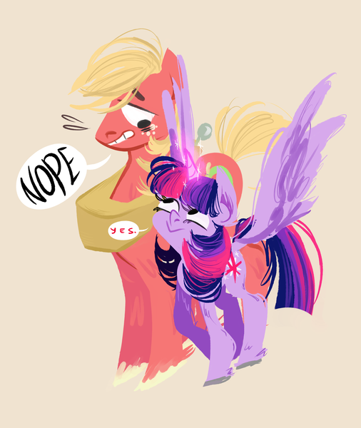 Size: 2480x2940 | Tagged: safe, artist:kvitrika, derpibooru import, big macintosh, twilight sparkle, twilight sparkle (alicorn), alicorn, earth pony, pony, anti-shipping, dialogue, female, flirting, glowing horn, horn, male, mare, nervous, one word, shipping, speech bubble, stallion, straight, sweat, sweatdrop, twimac