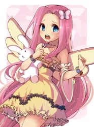 Size: 500x676 | Tagged: artist:mw-magister, breasts, clothes, cute, delicious flat chest, derpibooru import, detached sleeves, dress, female, flattershy, fluttershy, human, humanized, looking at you, open mouth, safe, shyabetes, solo, sundress, winged humanization, wings