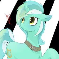 Size: 800x800 | Tagged: safe, artist:cymek, derpibooru import, lyra heartstrings, pony, unicorn, abstract background, belt, choker, collar, female, floppy ears, looking back, mare, raised hoof, signature, solo