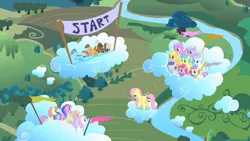 Size: 1280x720 | Tagged: safe, derpibooru import, screencap, alula, cloud kicker, cotton cloudy, cupid (character), dumbbell, fluttershy, hoops, mango dash, parasol, pinkie feather, pluto, rainbow dash, rainy feather, sea swirl, seafoam, sweet pop, tornado bolt, twinkleshine, pegasus, pony, unicorn, the cutie mark chronicles, cloud, colt, female, filly, flag, foal, male, on a cloud, race, standing on cloud, younger
