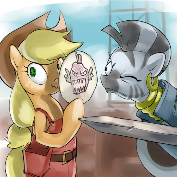 Size: 640x640 | Tagged: applejack, artist:stupjam, demoknight, demoman, derpibooru import, disguise, engineer, liar face, liarjack, paper-thin disguise, safe, scrunchy face, spike, spy, sword, team fortress 2, weapon, zebra, zecora