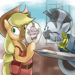 Size: 640x640 | Tagged: applejack, artist:stupjam, demoknight, demoman, derpibooru import, disguise, engineer, liar face, liarjack, paper-thin disguise, safe, scrunchy face, spike, spy, sword, team fortress 2, weapon, zebra, zecora