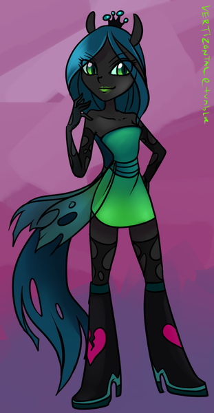 Size: 519x1000 | Tagged: safe, artist:vertizontal, derpibooru import, queen chrysalis, anthro, equestria girls, human facial structure, solo